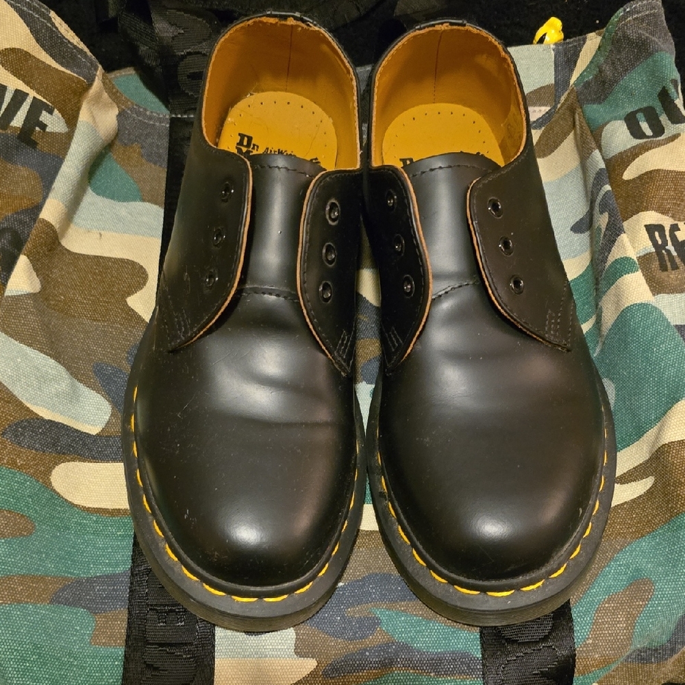 Dr. Martens Black Leather Oxfords with Yellow Stitching